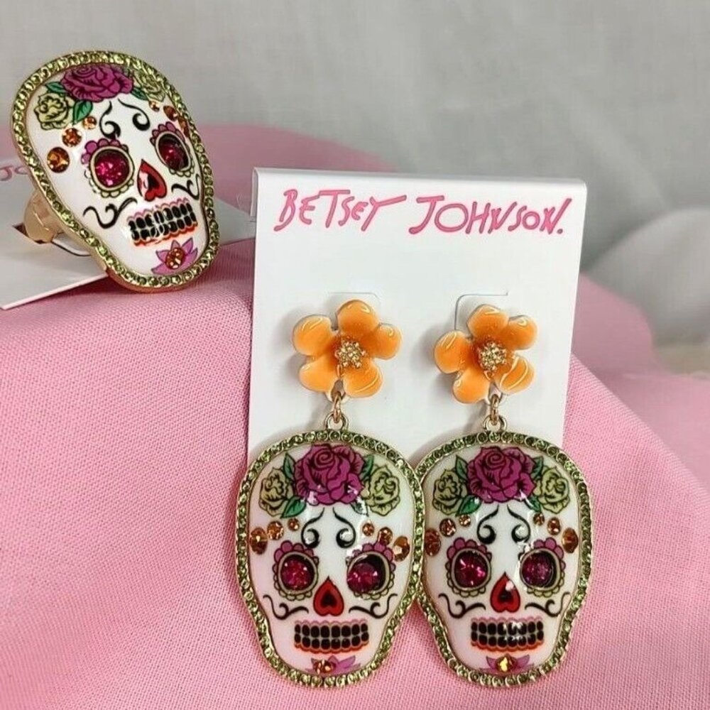 Betsey Johnson Sugar Skull Drop Earrings & Ring Set Halloween Dia de Los Muertos